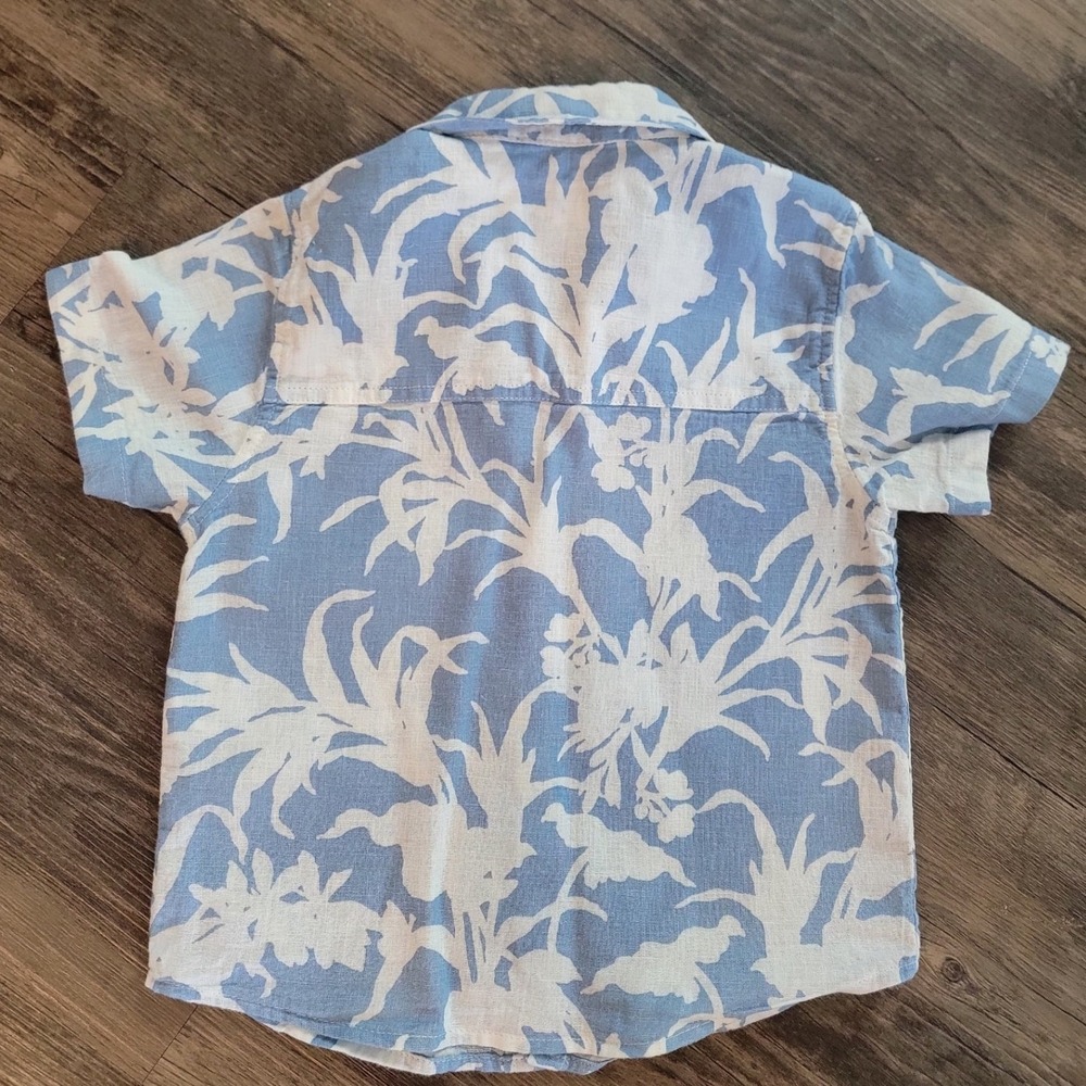Zara Kids Light Blue Tropical Floral Linen Blend Button Down Shirt 12-18 Months